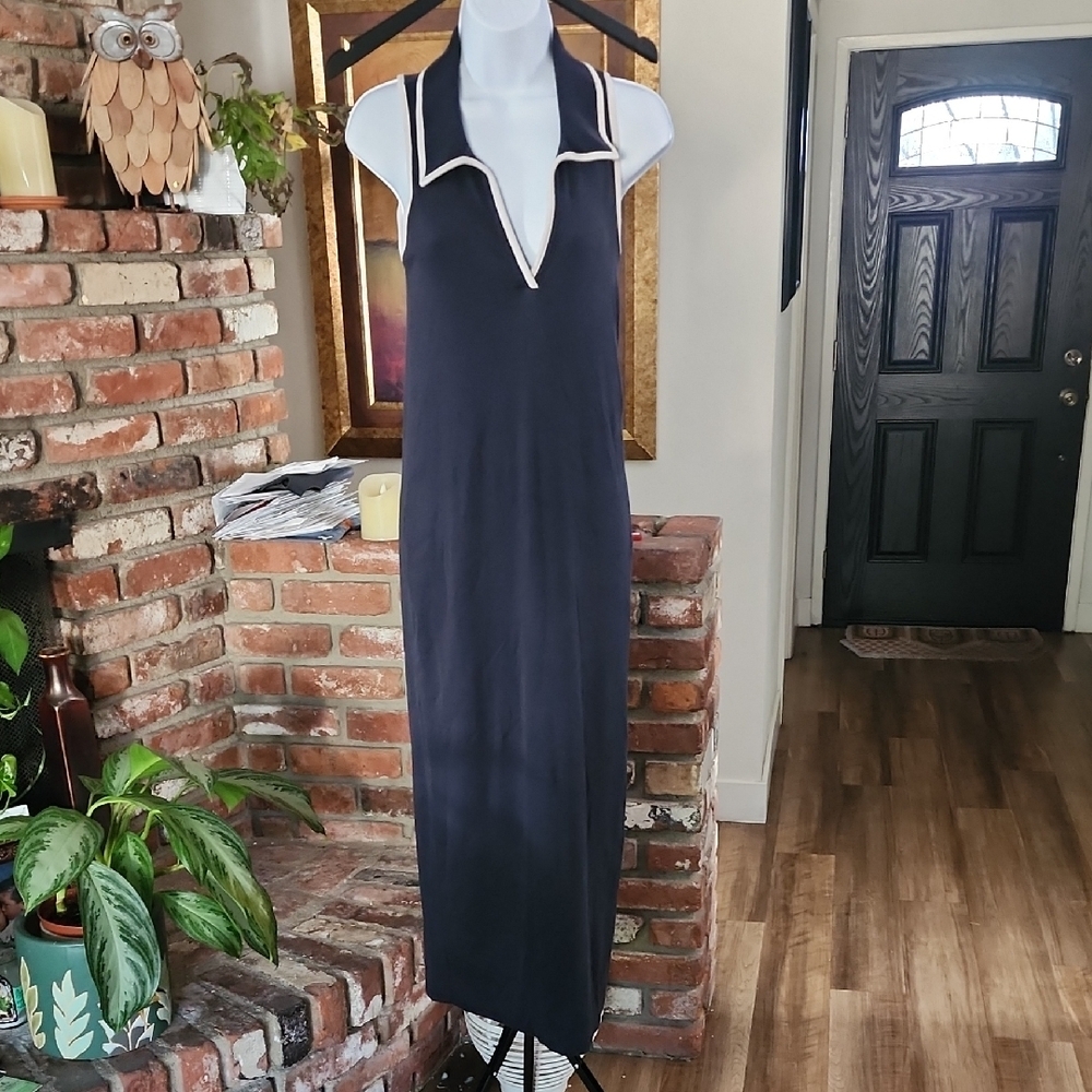 Veronica Beard Navy Halter Maxi Dress White Trim Elegant Minimalist - Picture 2 of 11